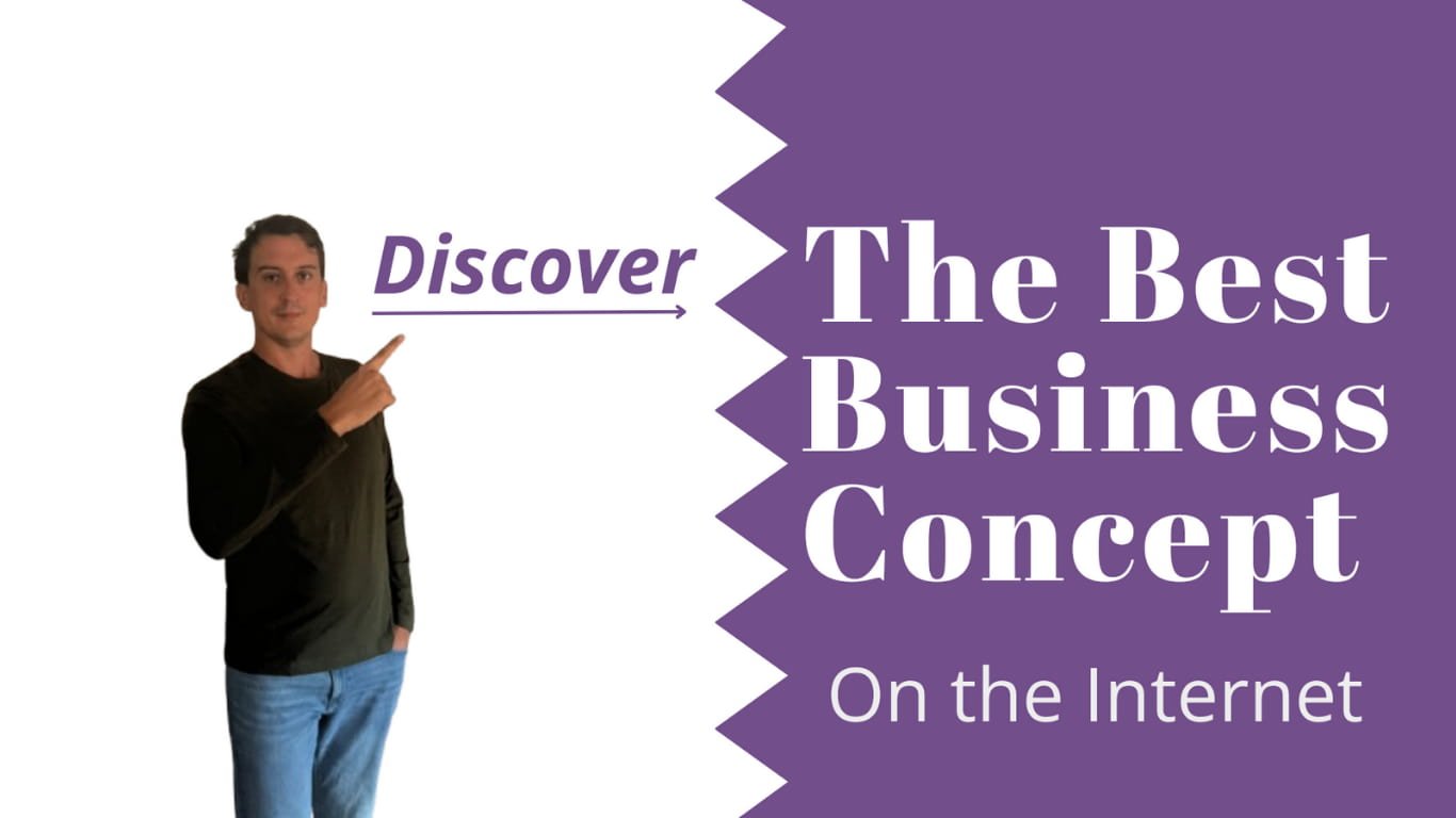 Discover "The Best Business Concept" with Filip Dorić Filip Dorić presenting with hand gesture, highlighting the text "Discover The Best Business Concept