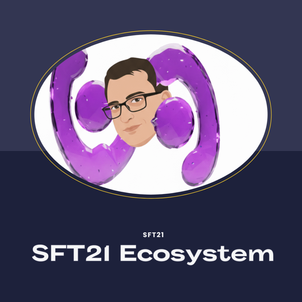 A professional entrepreneur presenting the SFT21 Ecosystem with SFOFFICE, SFNET, and SFSHOP icons on a purple background, representing tools for online business growth.