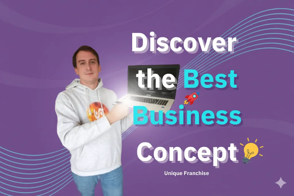 Otkrijte Najbolji Biznis Koncept-Filip Dorić Vam predstavlja Jedinstvenu Franšizu Filip Dorić, a digital entrepreneur in a white hoodie, points to his laptop against a purple background. The image has a text overlay reading: "Discover the Best Business Concept."