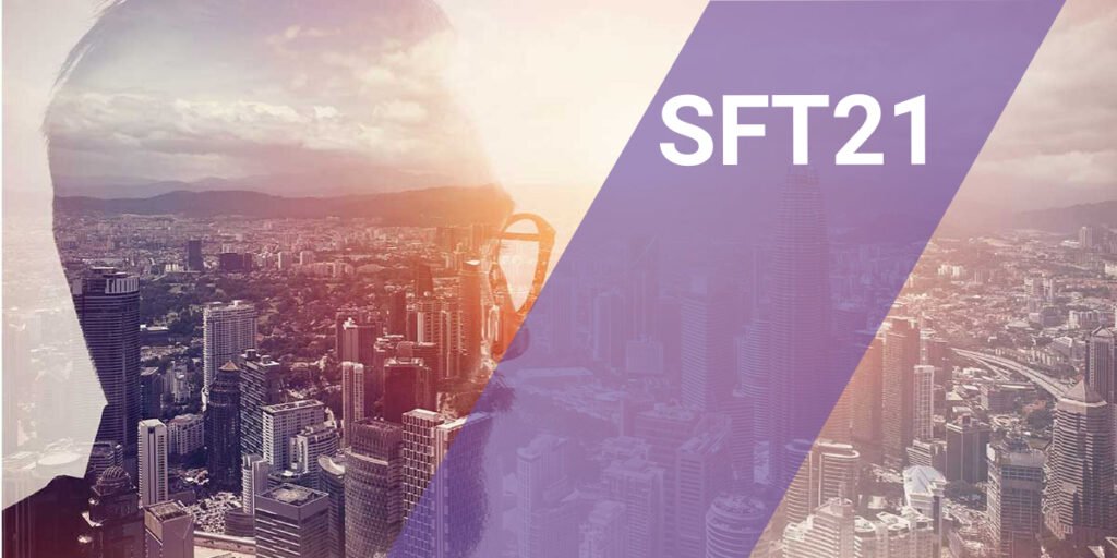 Discover the Best Business Concept Online – SFT21 Vision Man looking at the city skyline with a purple tone, representing the search for the best business concept online, featuring SFT21 on the image.