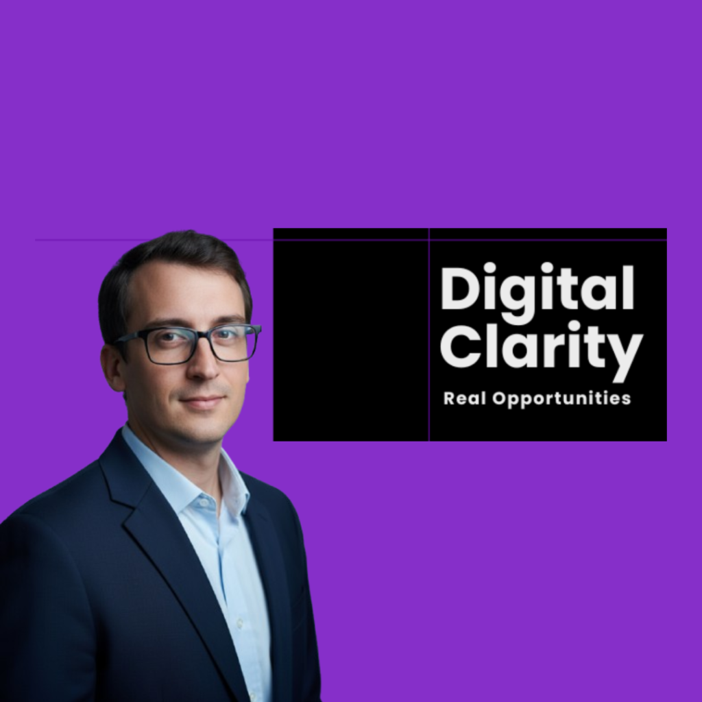 Professional businessman portrait on purple background with Digital Clarity Real Opportunities text banner